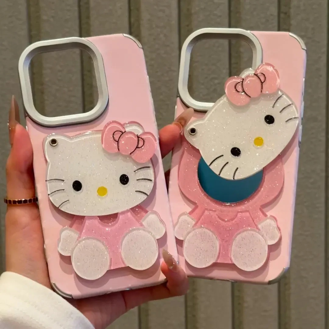 适用粉色TK猫镜子粉贴皮苹果16pro/15/14promax手机壳13/12/11