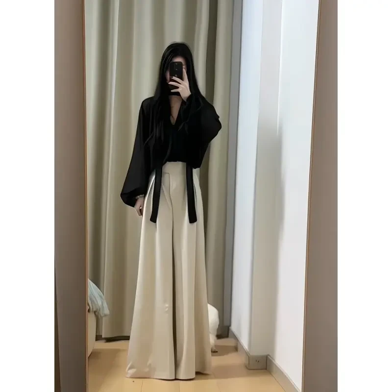 衬衫女V领飘带长袖上衣法式气质温柔气质高腰显瘦垂坠感阔腿长裤