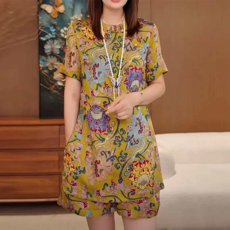 【缠枝莲】中国风高档新中式右襟缎面上衣短裤两件套大码夏套装