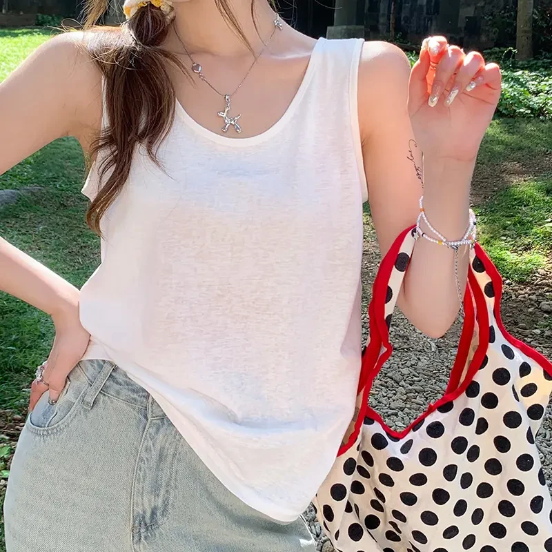 拉夏贝尔白色宽松背心女夏外穿遮副乳吊带内搭打底宽肩带无袖T恤