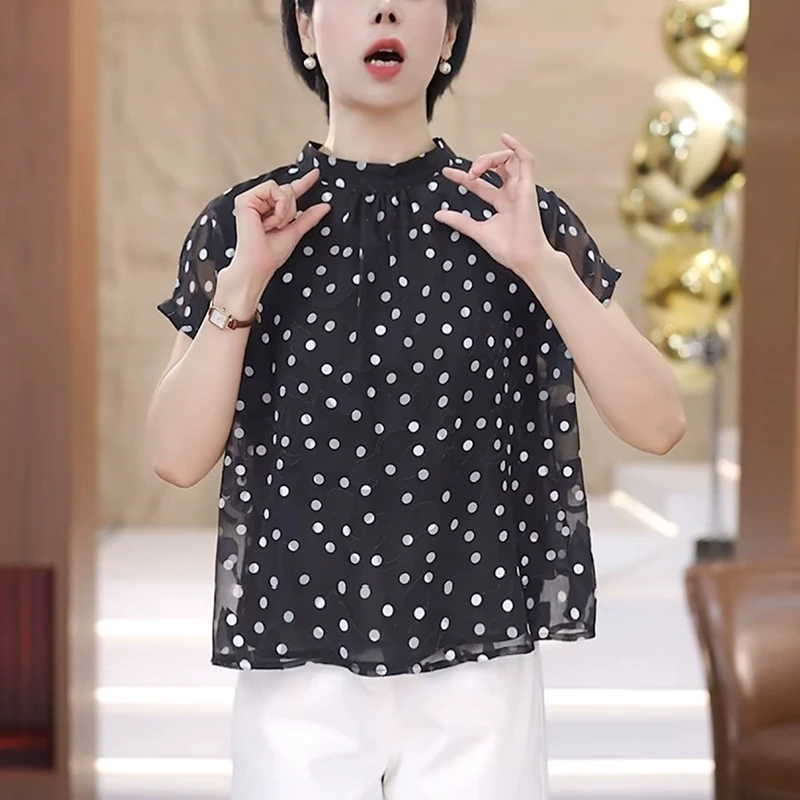 黑色洋气波点衬衫女士2025夏季新款宽松显瘦减龄别致立领小衫上衣