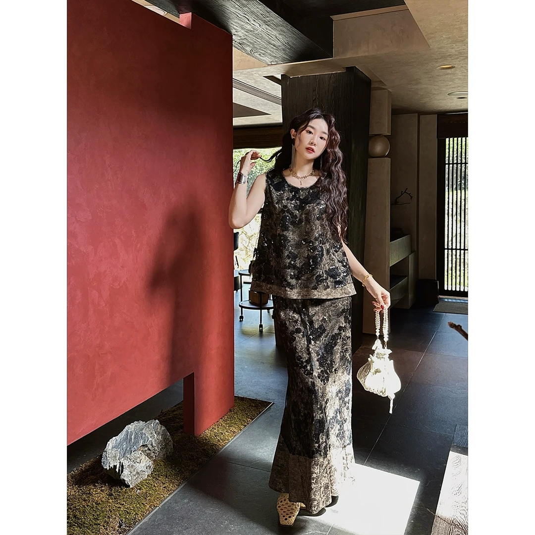 三吉黑花【知鹤】新中式国风夏日漂亮小套装女夏重工珠片绣半身裙