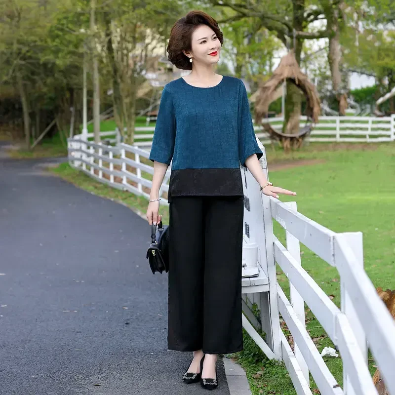 F220中年妈妈复古提花上衣套装女夏装新款阔太太洋气宽松阔两件套