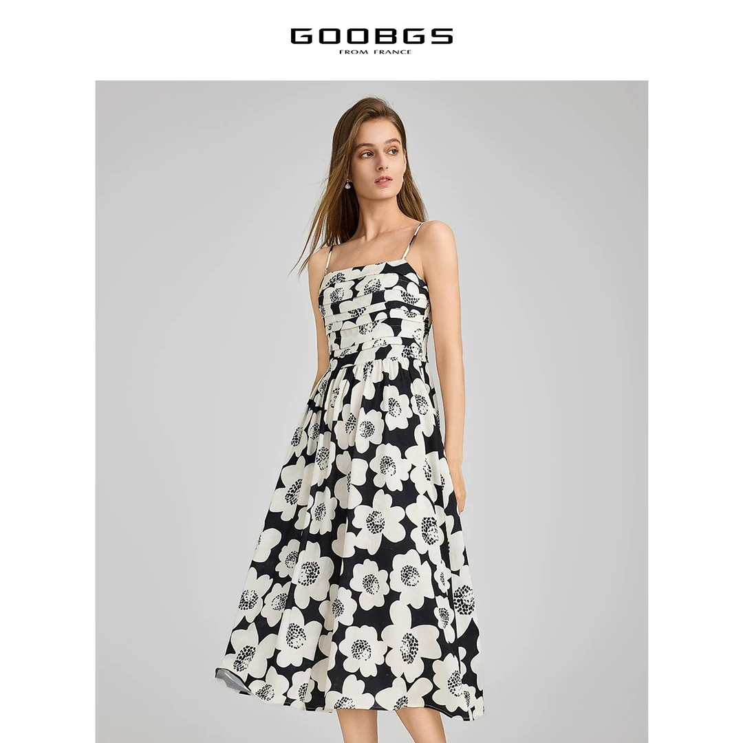 GOOBGS印花雪纺吊带连衣裙G4243235-6