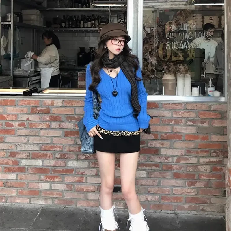 韩系辣妹蓝色花V领毛衣女秋冬季内搭针织打底显瘦长袖上衣