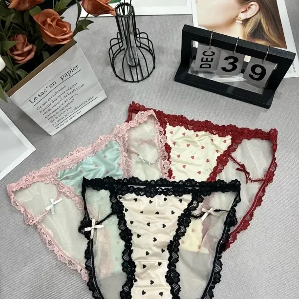 法式纯欲风蕾丝女中腰无痕透气诱惑网纱舒适包臀蝴蝶结三角裤