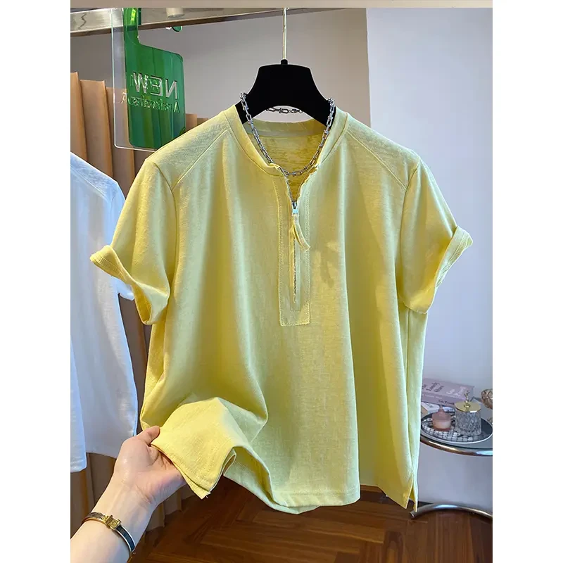2025新款高级感黄色半拉链t恤女短袖宽松开叉内搭洋气打底衫上衣
