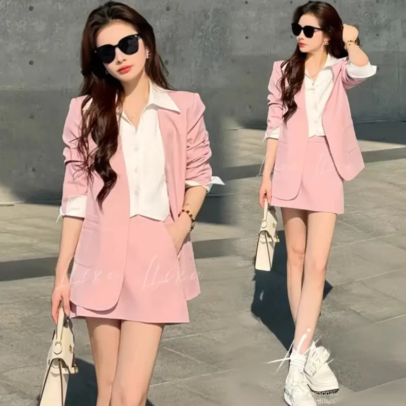 时尚套装女2025春秋新款拼接衬衫假两件西装外套高腰半身裙两件套