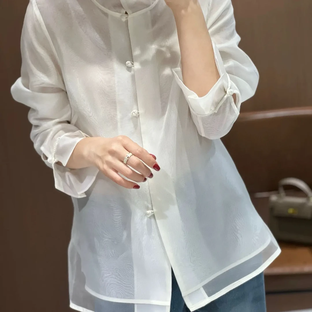 新中式风格立领长袖真丝棉衬衫设计感小众百搭上衣
