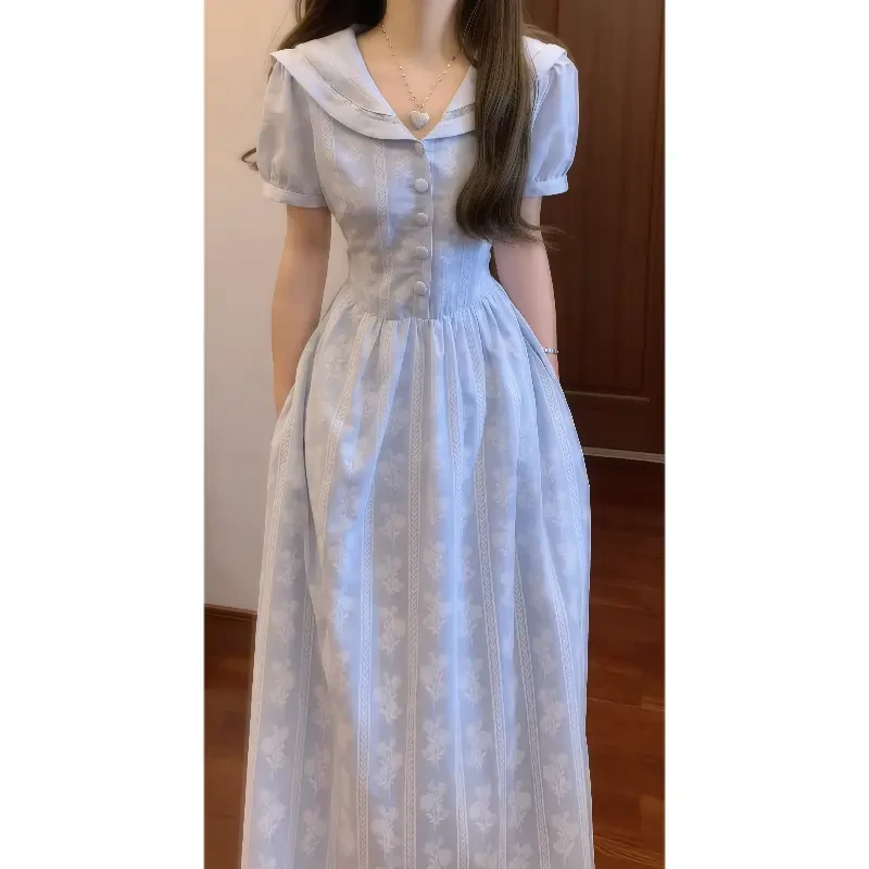 【山花溪蓝】夏季法式温柔甜美娃娃脸连衣裙收腰气质长裙8641