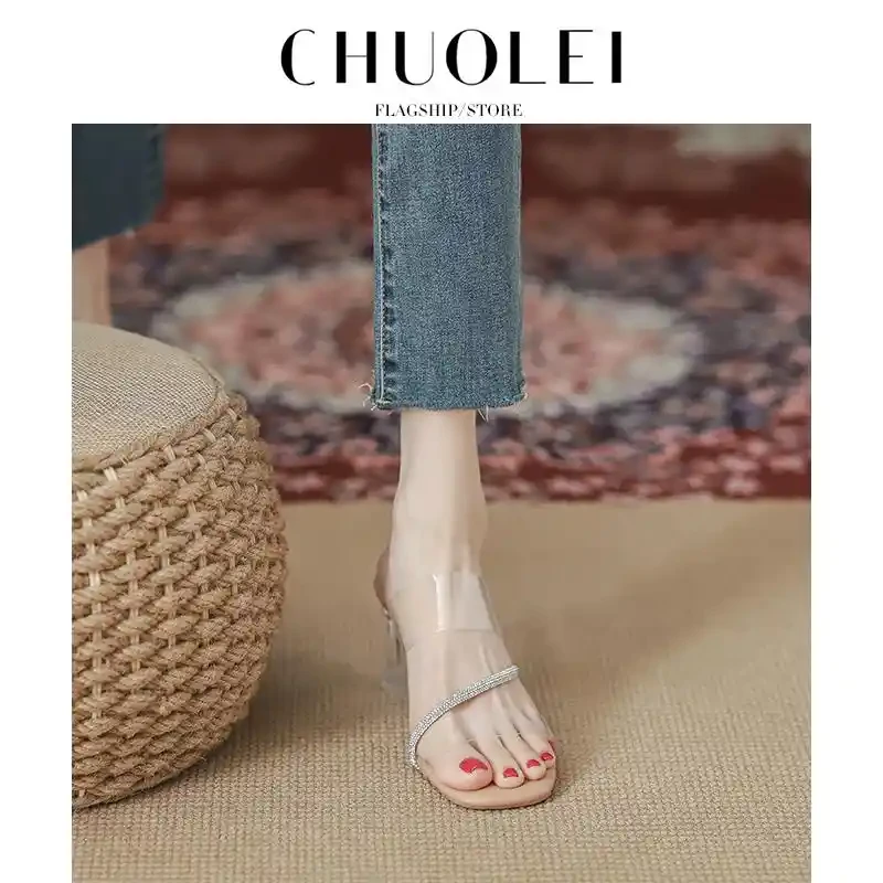 法式水晶粗跟凉拖鞋女外穿2025夏季新款透明绝美裸色露趾高跟凉鞋