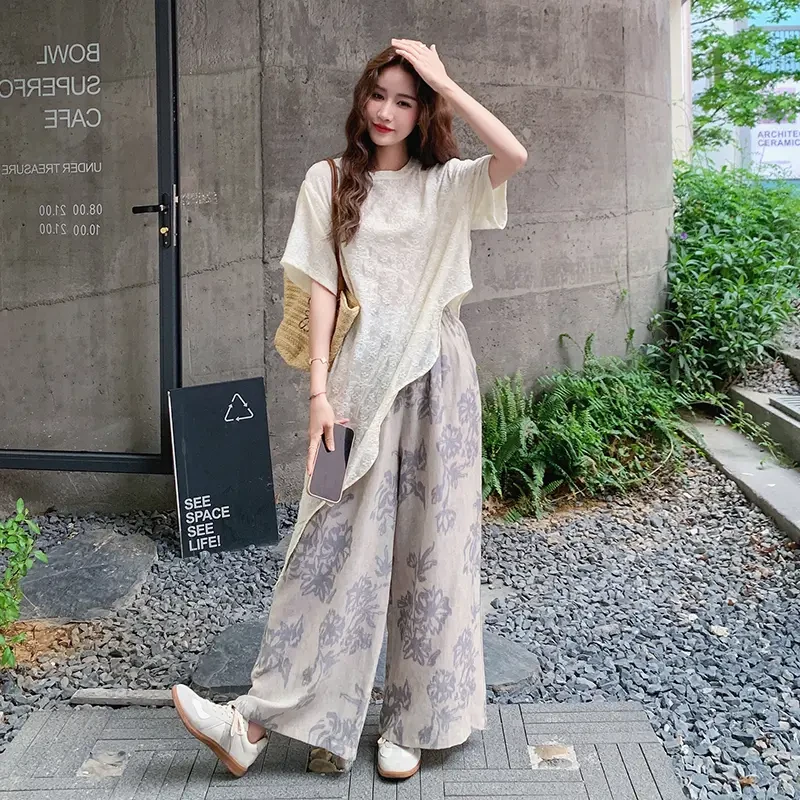 不规则蕾丝罩衫印花阔腿裤两件套女2025年夏季新款气质氛围感套装