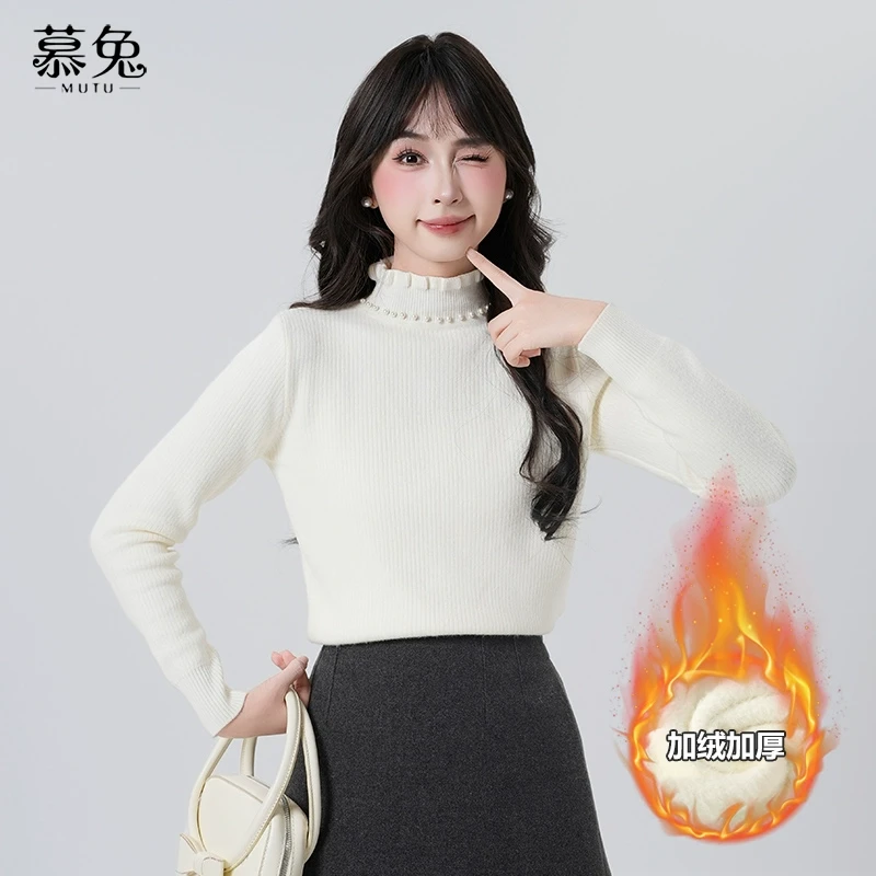慕兔气质半高领长袖打底衫女2025冬季新款小个子加绒加厚针织上衣
