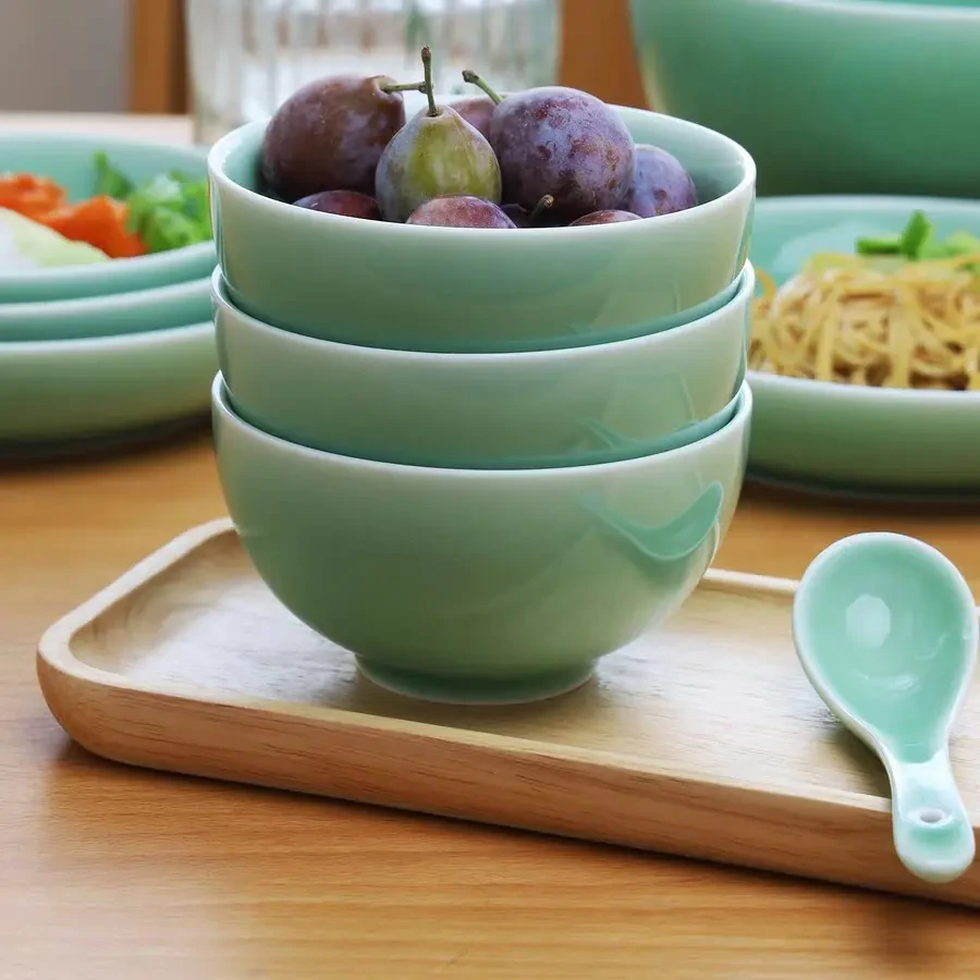 新款复古中式青瓷陶瓷饭碗家用高颜值餐具简约素色吃饭碗喝汤小碗