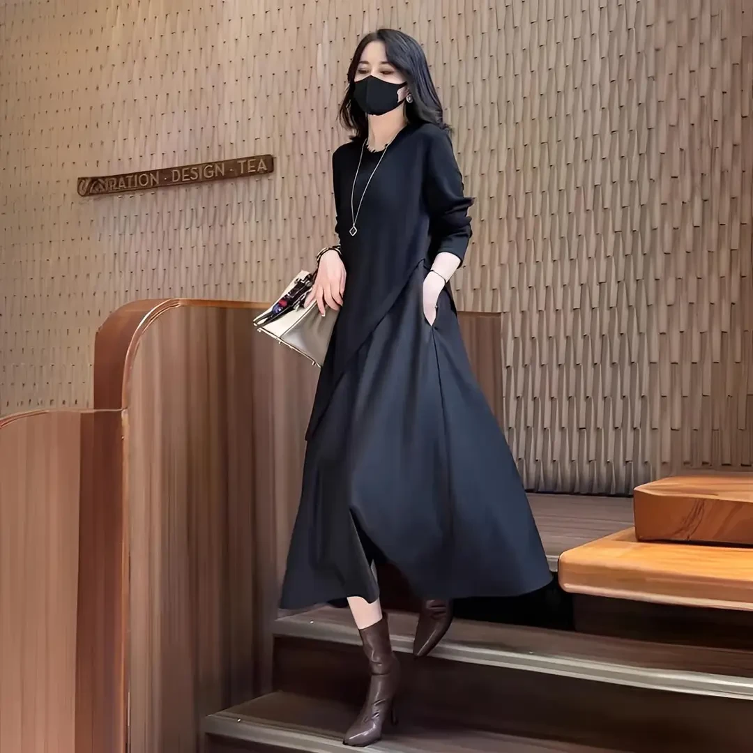 大码女装胖mm连衣裙春秋2025新款黑色拼接长袖洋气炸街长款裙子