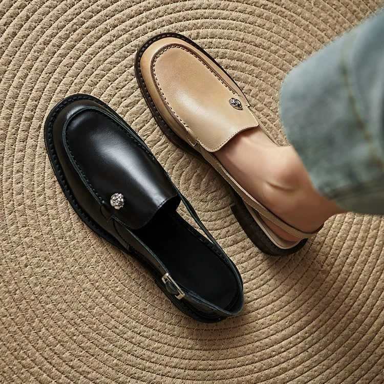 诗宝斐尔 低跟2.5CM复古真皮后绊带包头凉鞋女春夏后空单鞋乐福鞋