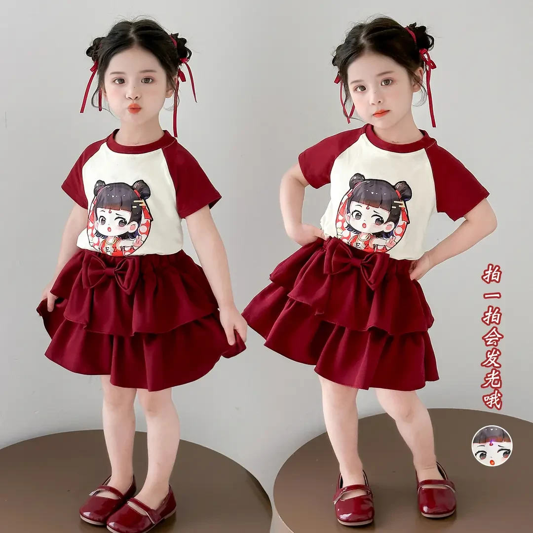 2025年女童夏装哪吒套装儿童衣服装夏季短袖公主裙发光裙女宝国风