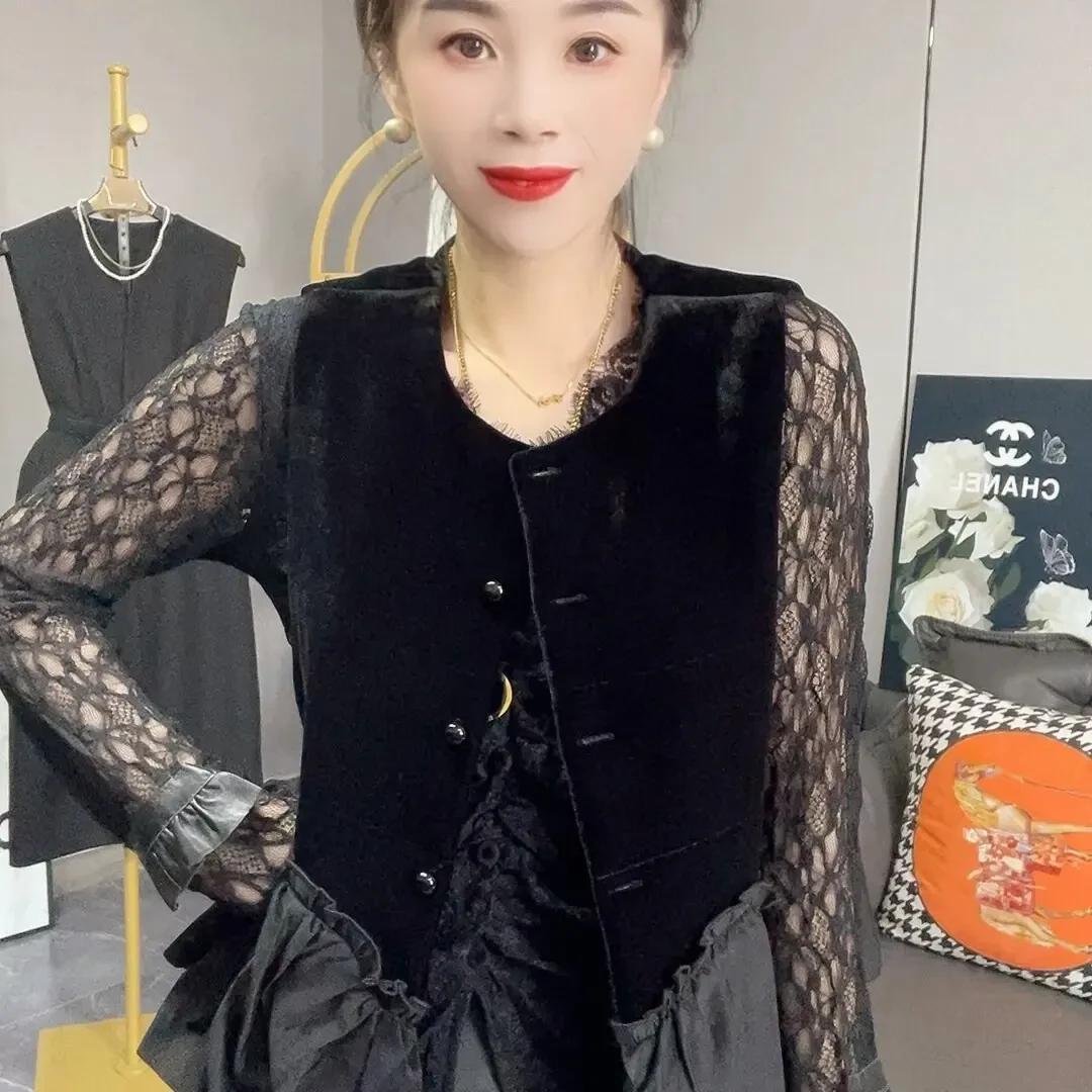 丝绒拼接显瘦A版棉马夹