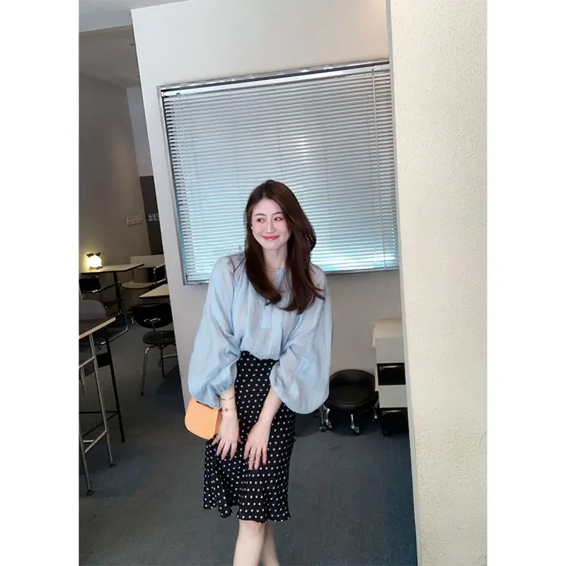 夏季法式气质套装女新款休闲高级感泡泡袖长袖上衣高腰波点半身裙