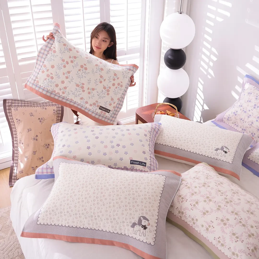 高密纯棉纱布枕巾一对装简约全棉柔软成人枕头巾吸汗透气家用盖巾