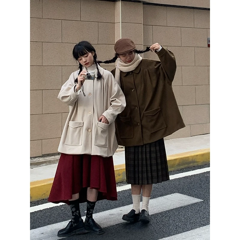 霍里德地图双口袋毛呢大衣女春季2024新款娃娃领纯色宽松百搭上衣