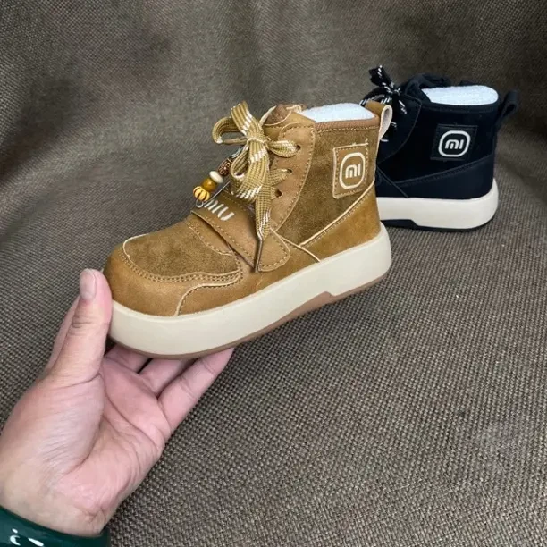 马丁靴英伦风男女童短靴加绒保暖秋冬季小黄靴侧拉链磨砂