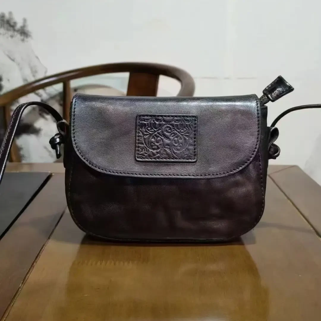 新款复古风简约百搭进口头层牛皮单肩斜挎小方包