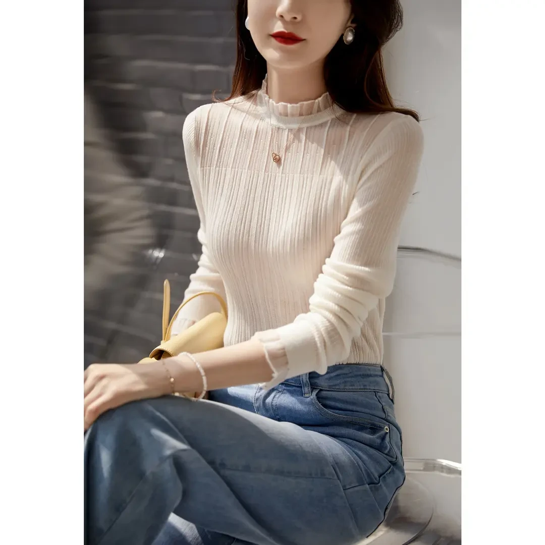 【集佳严选】25新款长袖冬季气质针织打底衫花边领显瘦