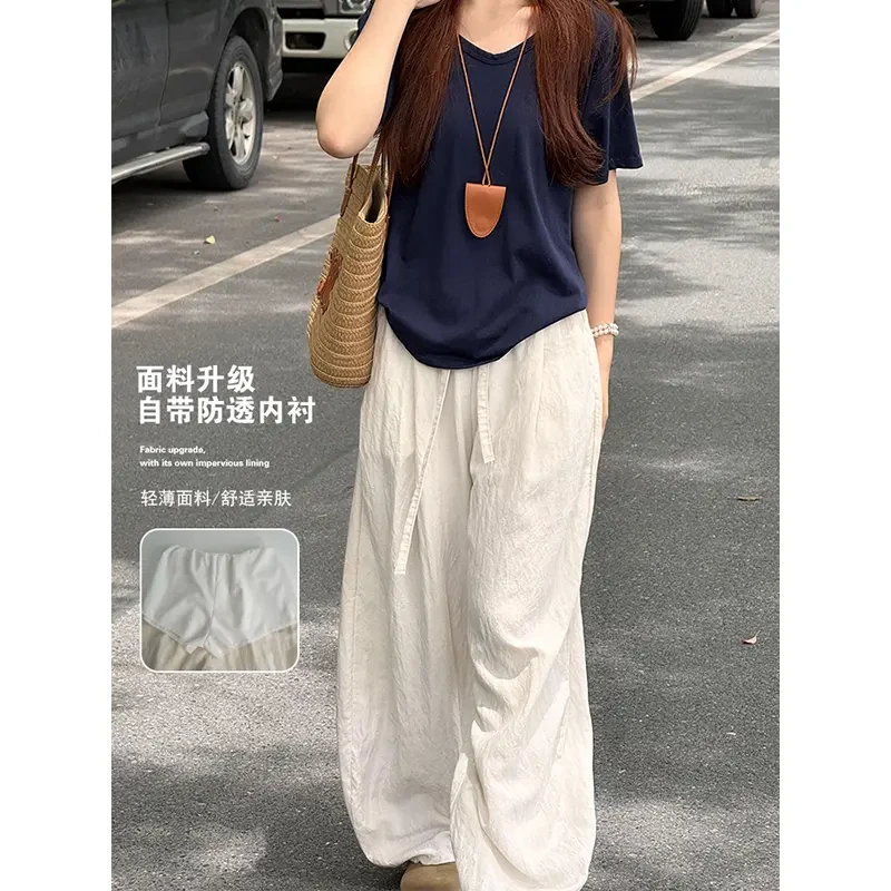 小柒学姐【水洗不缩水全包边】亚麻弯刀裤女夏季薄新款小个子阔腿裤