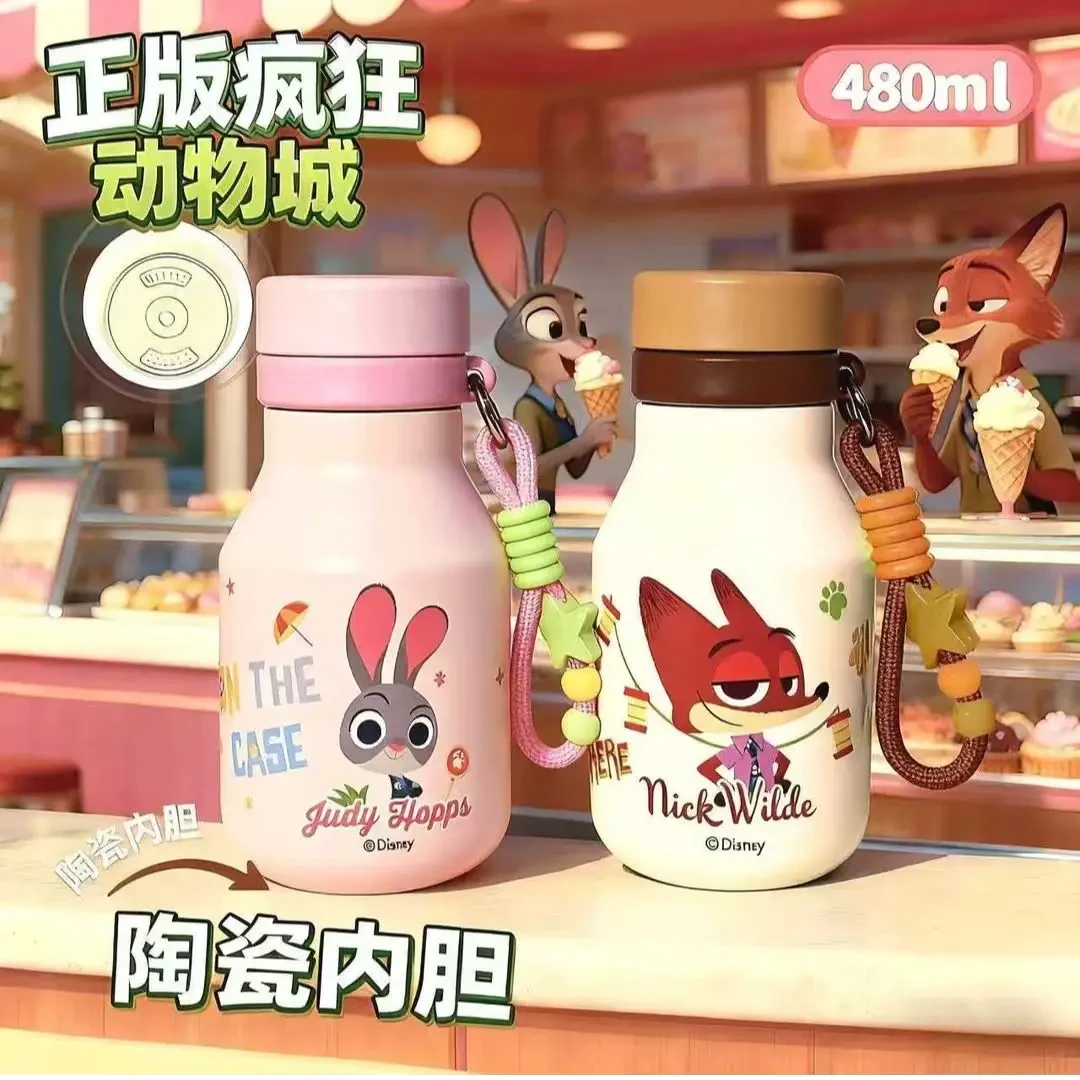 保温杯疯狂动物城朱迪尼克学生便携手提吸管水杯陶瓷覆层双饮杯子