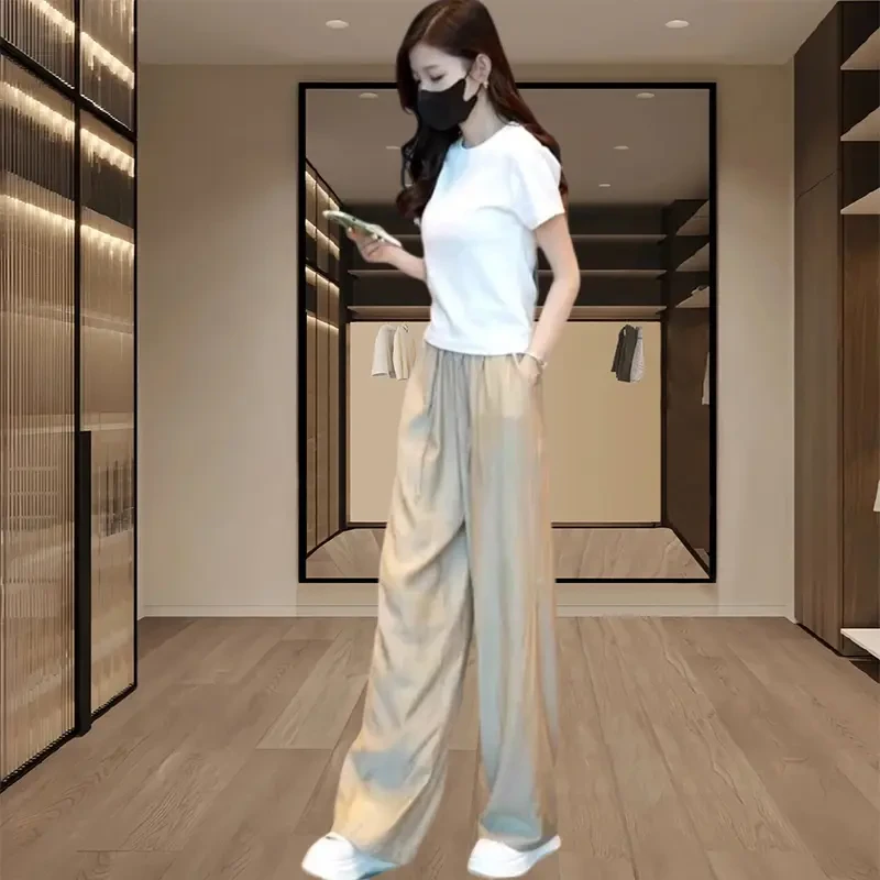 2025夏季新款时尚显瘦短袖体恤女士薄款显瘦百搭阔腿裤休闲两件套