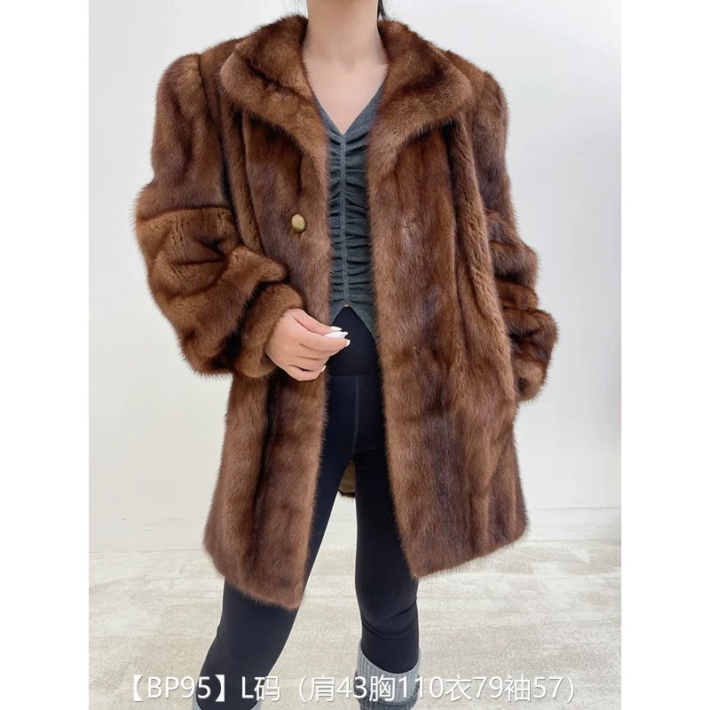 【BP95】L码 蜜茶棕全抽中长款貂皮大衣皮草外套 翻领泡泡袖