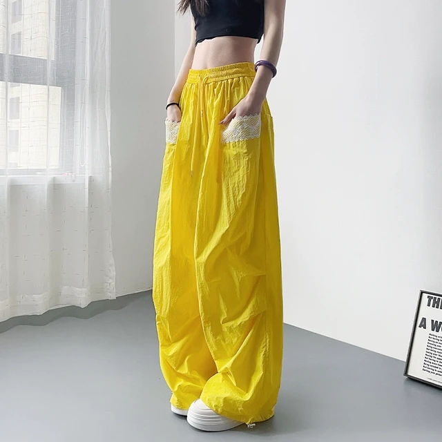 夏日多巴胺冰丝速干休闲裤女大码胖mm宽松显瘦防晒蕾丝口袋阔腿裤