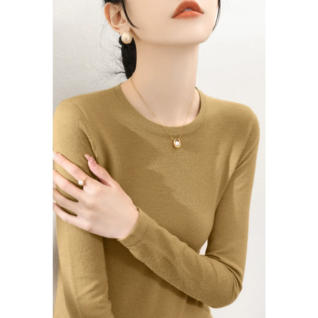 时尚圆领简约高级感春季新款套头女2025年修身长袖打底内搭针织衫