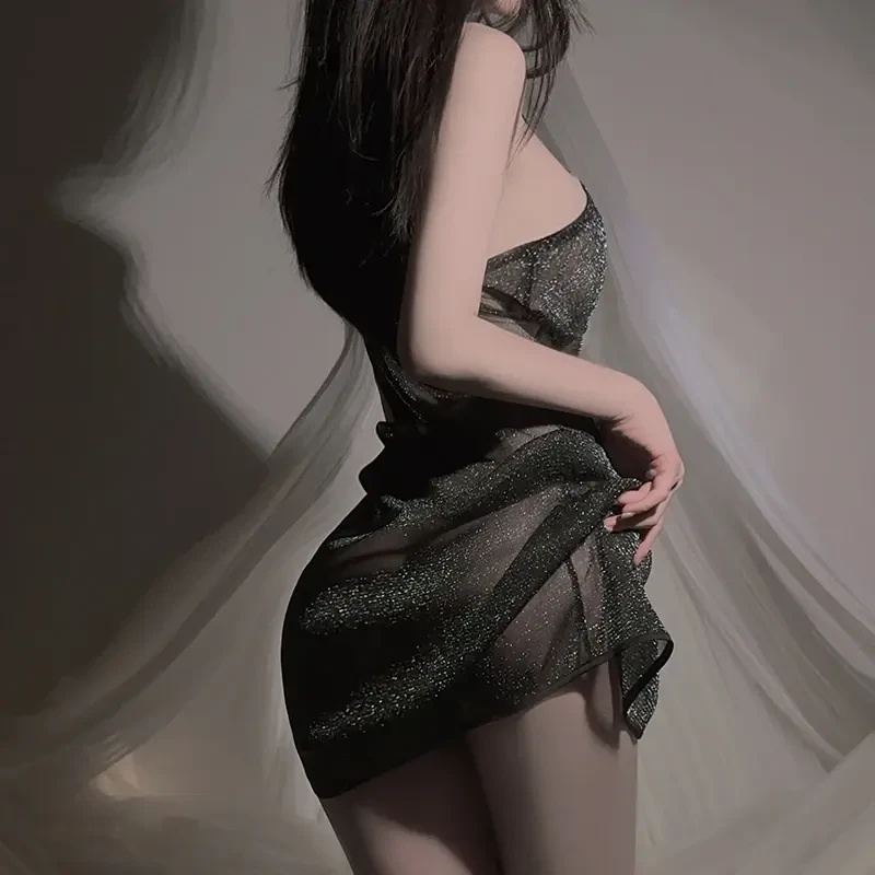 星空小黑裙性感纯欲风黑色吊带睡衣约会战袍气质宽松显瘦美背睡裙