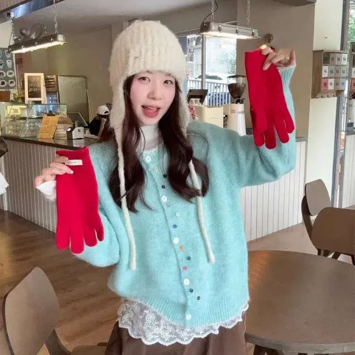 韩版彩扣撞色软糯百搭针织开衫女2025秋冬新款宽松显瘦圆领毛衣潮