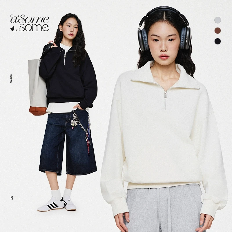 asomesome美式宽松polo领半拉链套头卫衣女冬新款慵懒上衣外套