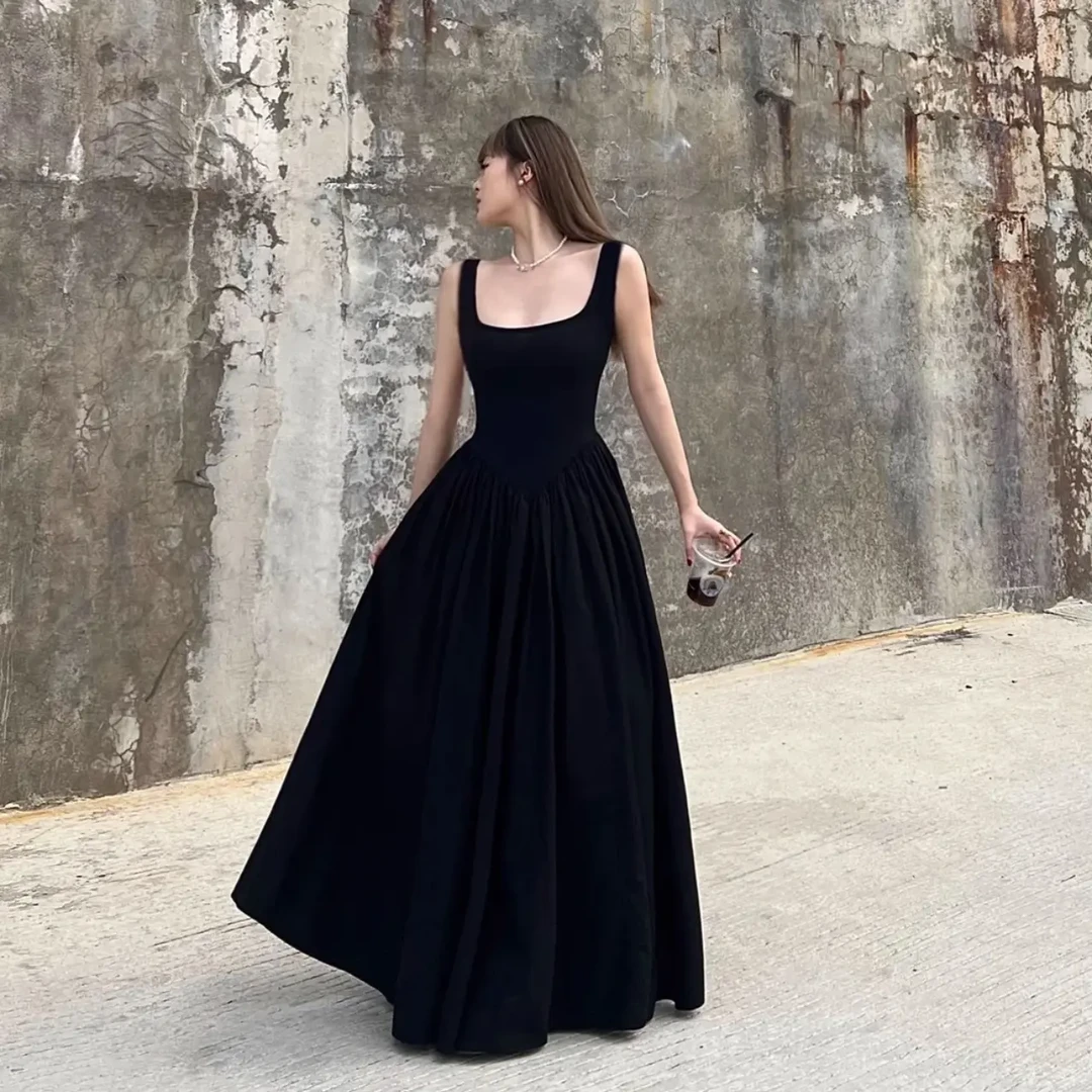 黑色无袖长款连衣裙夏季新款修身性感气质显瘦长裙收腰时尚小黑裙