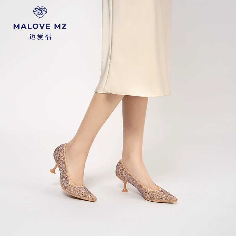 MALOVE MZ女鞋水钻尖头高跟鞋女2025新款法式优雅浅口单鞋婚鞋