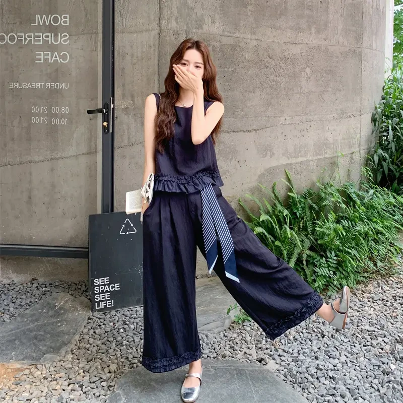 法式夏季轻熟风无袖木耳边背心阔腿裤2025新款韩系极简风显瘦套装