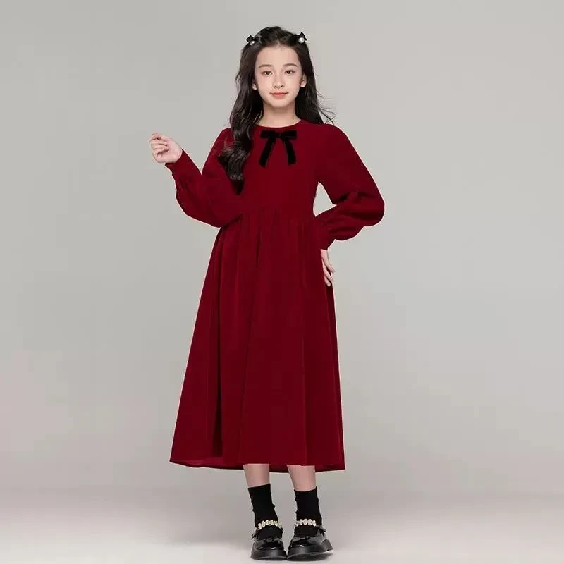 女童连衣裙秋冬加绒裙子红色新年服儿童裙子小女孩公主裙中长款冬