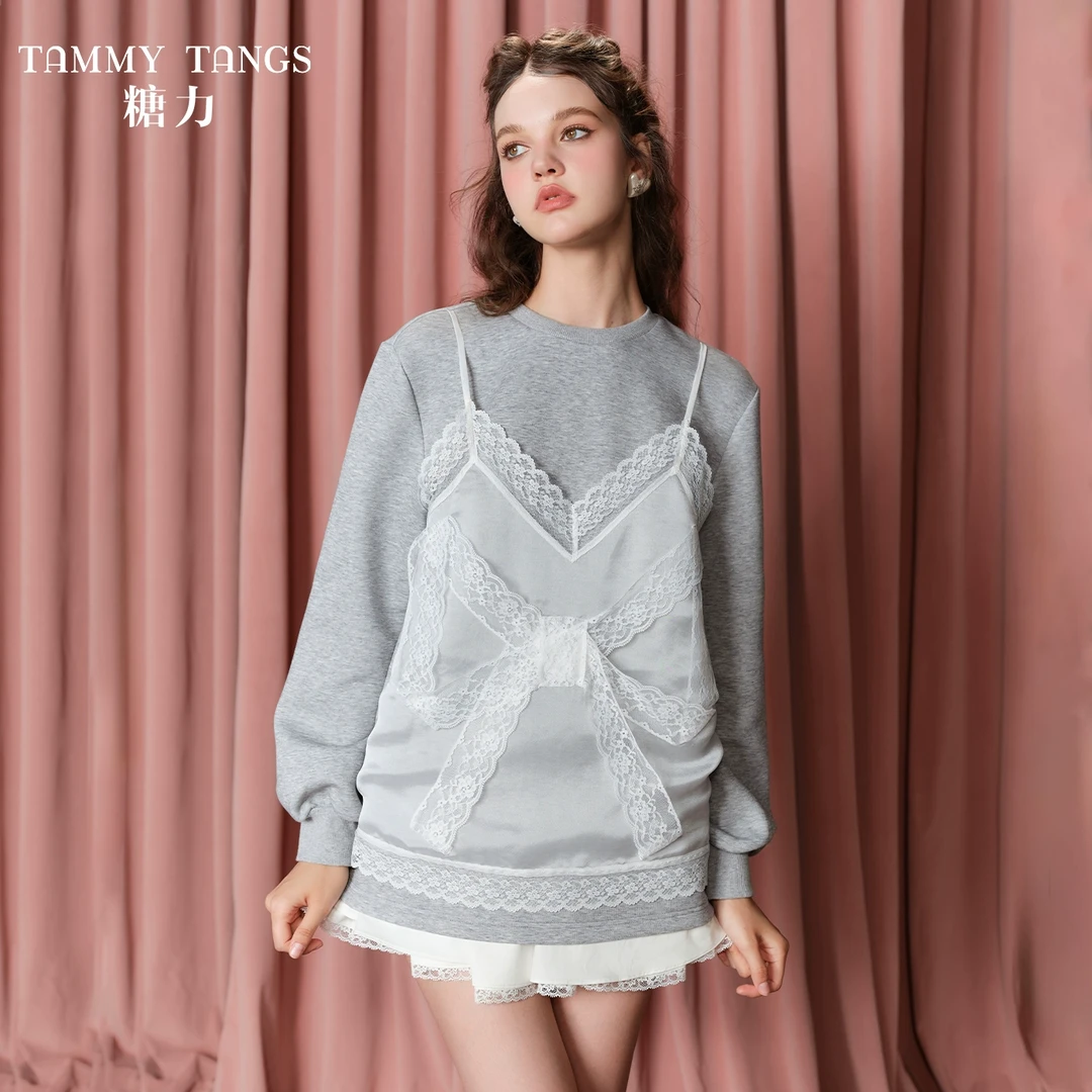 【若谷专属】糖力甜美风长袖宽松假两件卫衣女TWRQS64001