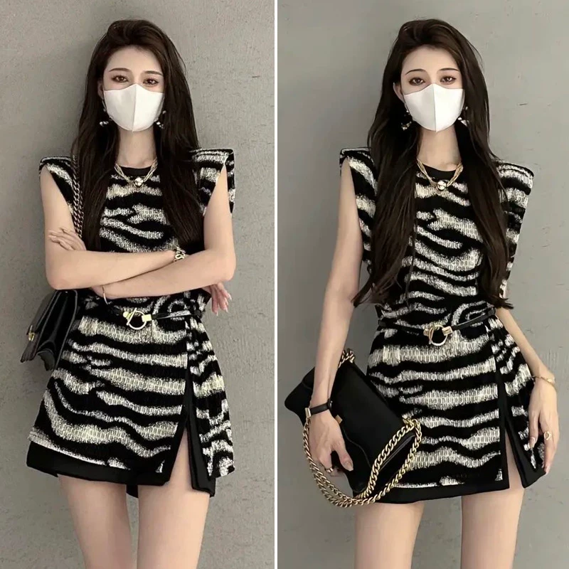 高级感御姐风时尚套装女夏季新款气质条纹上衣开叉西装短裤两件套