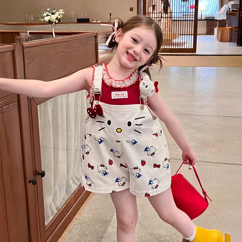 【网红爆款套装价】童装韩版洋气可调节背带裤夏上衣女宝宝连体短裤