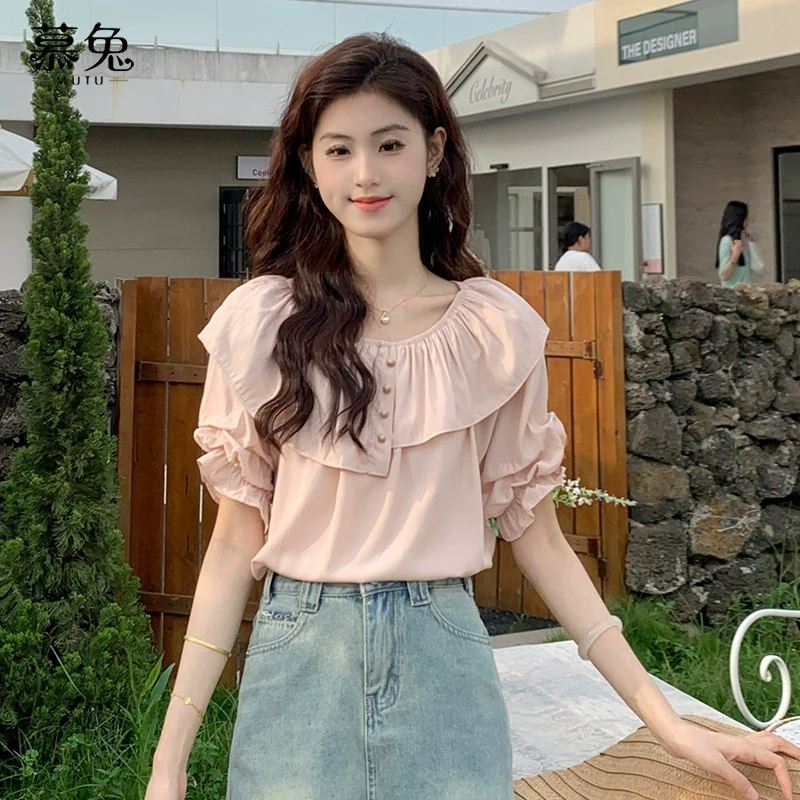 慕兔法式荷叶边雪纺短袖衬衫女2024夏季新款高级感显瘦一字肩上衣