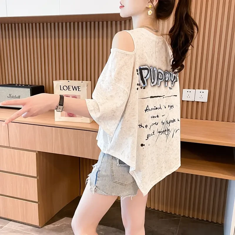 设计感扎染露肩短袖T恤女夏季韩版时尚网红洋气炸街宽松休闲上衣