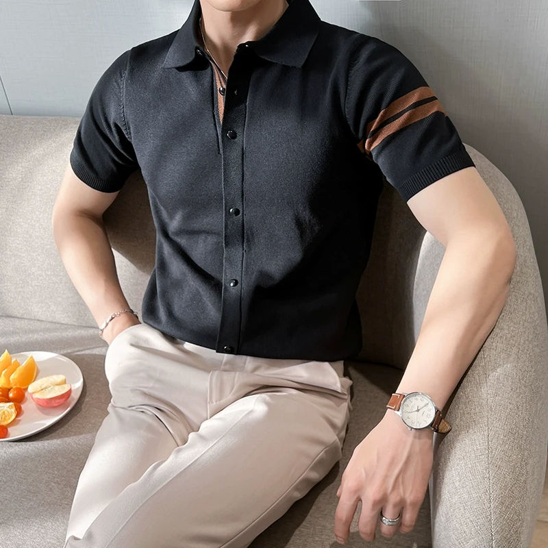 男士修身抗皱时尚撞色POLO衫轻奢风冰丝针织开衫短袖翻领男装半袖