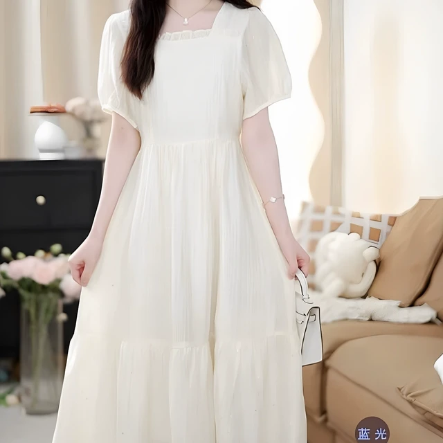 2025夏季新款撒银工艺法式时尚气质方领荷叶边鱼尾设计高腰连衣裙