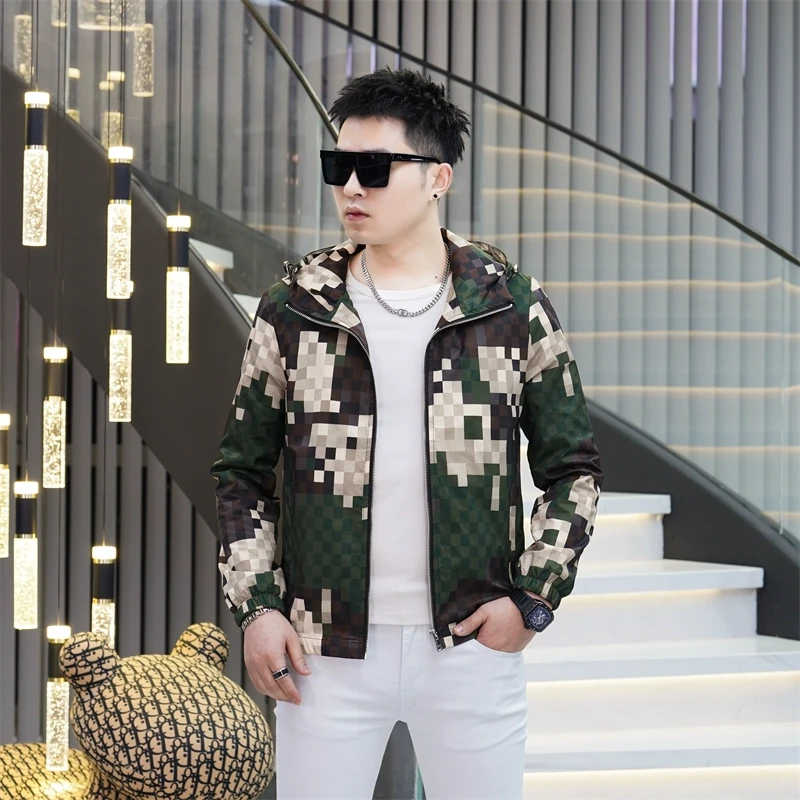轻奢潮牌外套男春秋季2025新款潮流户外修身连帽休闲格子男士夹克
