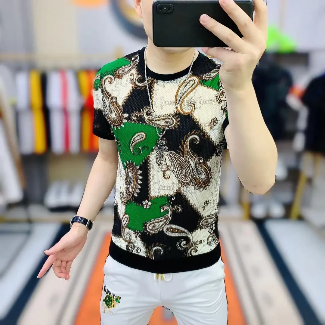 阿凯 欧洲站夏季新款男士潮流时尚修身圆领冰丝镂空个性短袖T恤